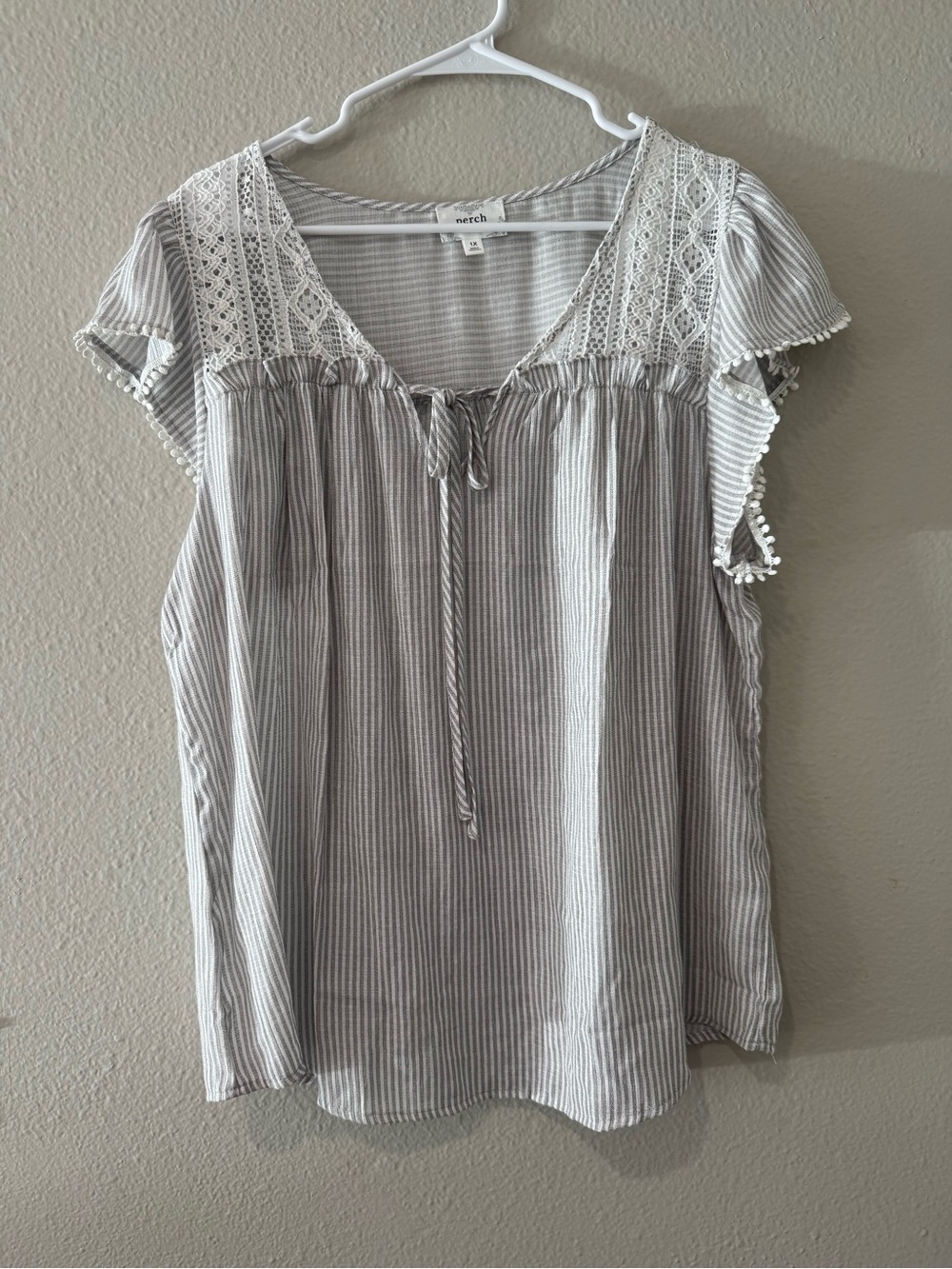 Perch by Blu Pepper Striped Lace-Trim Flutter Sleeve Top - White/Gray